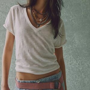 Free People V-Neck Short Sleeve Tee Size Small in White